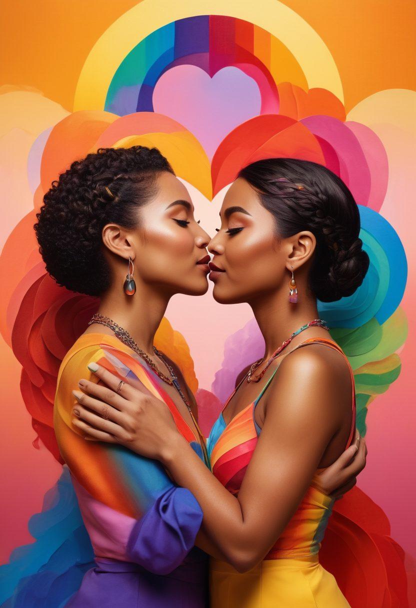 A vibrant collage depicting diverse women of various ethnicities embracing each other in a harmonious celebration of love and inclusivity. Intertwined symbols of LGBTQ+ pride, such as rainbows and hearts, surround them, symbolizing sexual diversity. The background features abstract shapes representing intersectionality, blending seamlessly into a spectrum of colors. The scene radiates warmth, connection, and empowerment, inviting viewers to feel the unity within diversity. 3D art. vibrant colors. soft background.