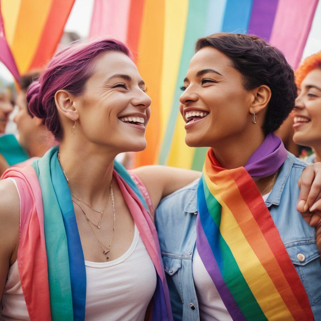 A powerful gathering of diverse lesbian individuals celebrating their identity, with vibrant rainbow flags waving in the background. They are engaged in joyful conversation and activism, representing a strong community bond. The scene captures a sense of empowerment, unity, and pride, showcasing colorful clothing and accessories. Soft pastel colors blend with bright tones to reflect the spirit of love and acceptance. super-realistic. vibrant colors. 3D.