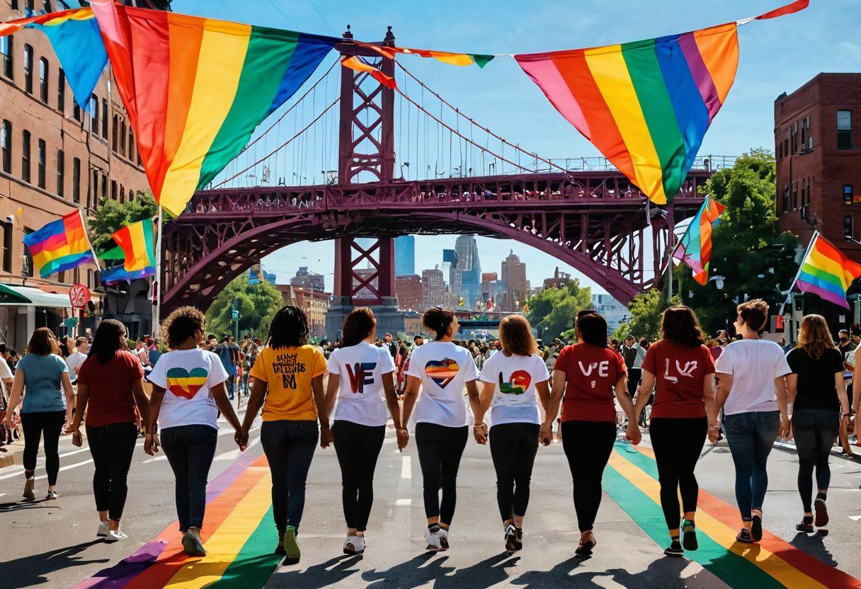 A vibrant and inclusive scene depicting a diverse group of people from the lesbian community joyously engaged in advocacy work. They are interconnected by colorful bridges made of symbols representing love and unity, with cityscapes in the background showcasing pride flags. The atmosphere is filled with a sense of empowerment and collaboration. Bright colors and dynamic expressions emphasize solidarity and strength. super-realistic. vibrant colors. white background.